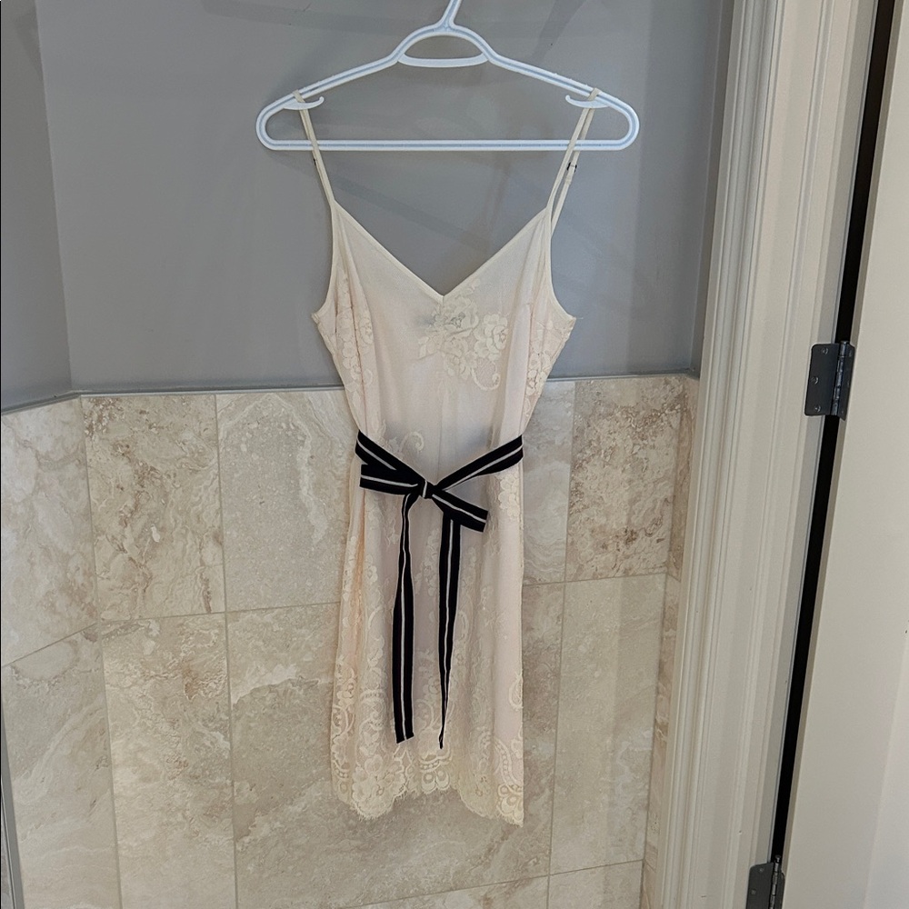 Elegant Cream Lace Dress with navy blue and burgundy Bow